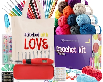 May include: A crochet kit with a variety of colorful yarn, crochet hooks, and other supplies. The kit includes a tote bag with the words "Stitched with Love" printed on it. The kit also includes a purple box with the words "Crochet Kit" printed on it.