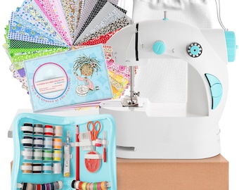 Portable Electric Mini Sewing Machine Kit for Beginners, Kids Gift with Guide Book, Extension Table, Fabric Pieces, Foot Pedal & More- 122PC