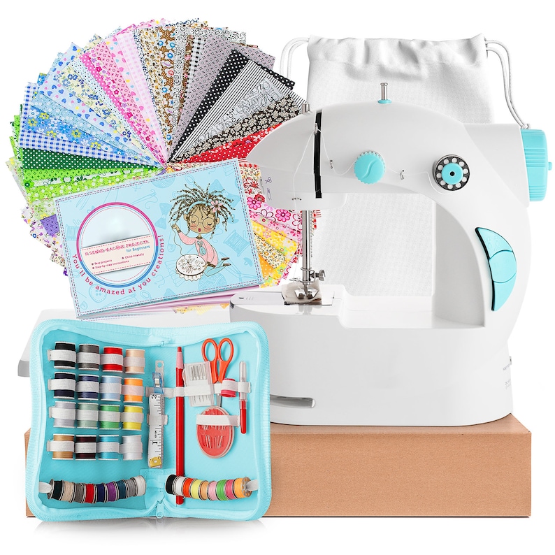 May include: A white sewing machine with a blue accent, a spool of thread case, and a stack of colorful fabric swatches. The text on the card reads "Sewing Machine Project for Beginners. You'll be amazed at your creations!"