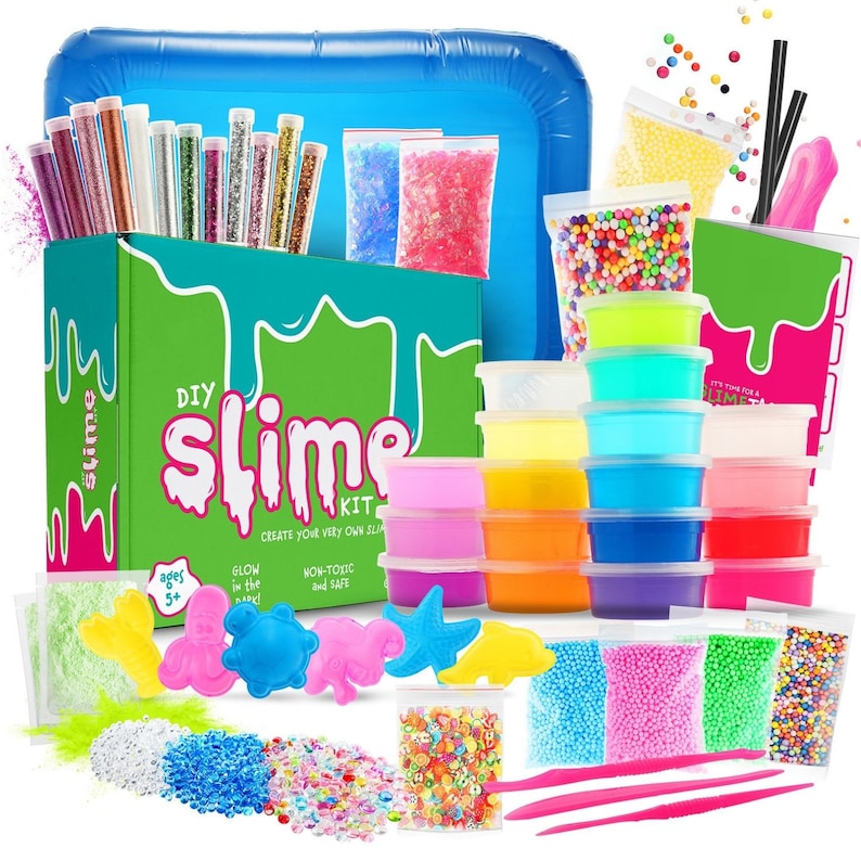 May include: A DIY slime kit with a green and blue box, various colored slime containers, glitter tubes, and colorful foam beads. The kit includes molds, tools, and a blue inflatable pool for mixing. The text on the box says "DIY Slime Kit".