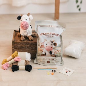 Amigurumi Crochet Kit for Beginners Adults and Kids, Complete Easy To Learn Crochet Kits, Stuffed Farm Animal Crochet Kits, Callie the Cow
