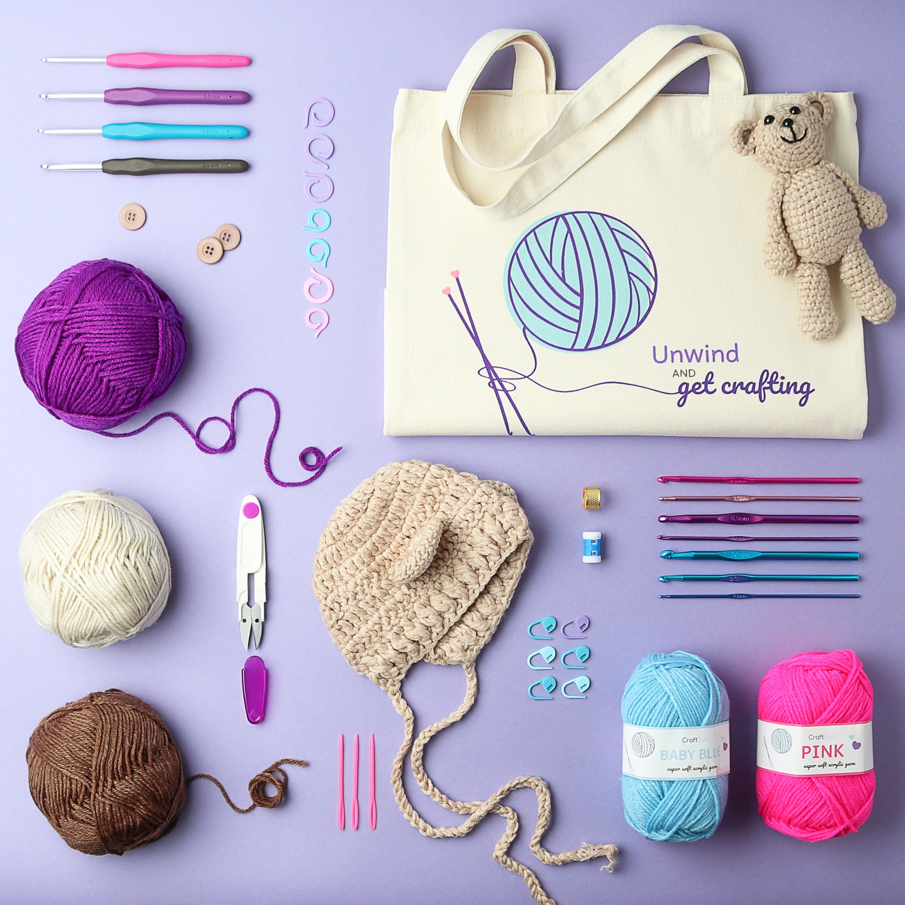 VILLCASE 5 Sets Lavender Bouquet Yarn Crochet Hooks kit Yarn Starter kit  Crochet kit for Beginners Knitting Material Knitting kit for Adults Crochet