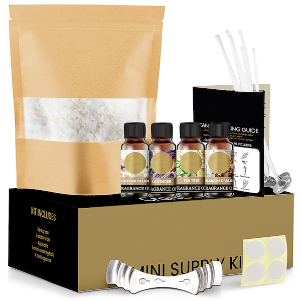 Mini Candle Making Kit for Beginners  with 2 Lbs Natural Soy Wax, 4 Fragrance Oils, Cotton Wicks , Metal Centering Tool and Glue Stickers