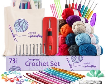 May include: A 73-piece crochet set with colorful yarn, hooks, stitch markers, and a yarn needle. The set includes a tote bag with the text "Unwind and get crafting".