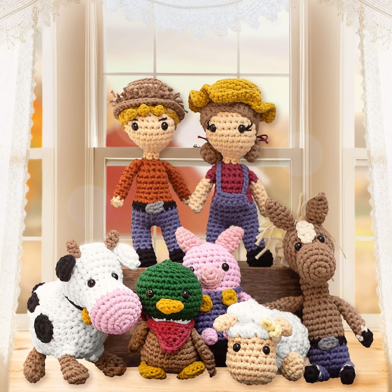 May include: A set of crocheted farm animal toys, including a cow, pig, sheep, horse, duck, and two human figures. The toys are all handmade and have a rustic, vintage look.