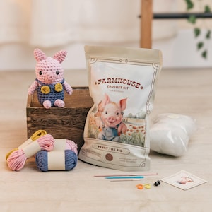 Amigurumi Crochet Kit for Beginners Adults and Kids, Complete Easy To Learn Crochet Kits, Stuffed Farm Animal Crochet Kits, Penny the Pig