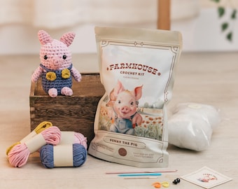 May include: Crochet kit for beginners featuring Penny the Pig. The kit includes yarn, stuffing, needles, and instructions.  The kit is packaged in a clear plastic bag with a colorful illustration of Penny the Pig.