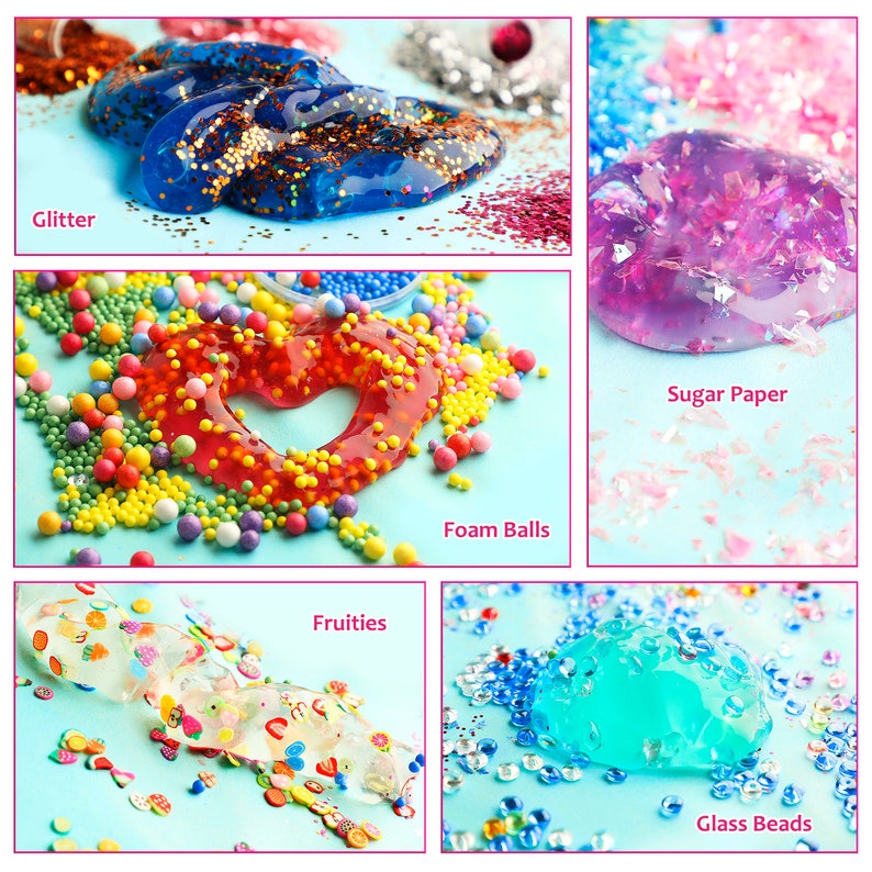 May include: A collection of colorful slime with various embellishments. The image showcases blue slime with glitter, purple slime with sugar paper, red slime in a heart shape with foam balls, clear slime with fruit-shaped sprinkles, and blue slime with glass beads.