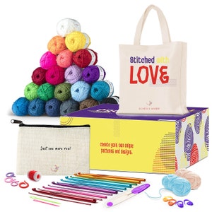 XSEINO Crochet Kit with Step-by-Step Video Tutorials，Premium Bundle  Includes 12 Roll x50Yard Acrylic Yarn Balls, 12 Crochet Hooks, Crochet Bag  and All