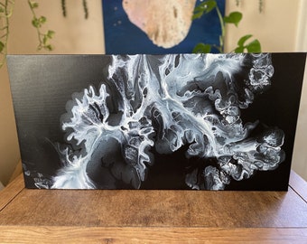 fluid art, acrylic dutch pour painting, "The Black & White" -- 15x30 inch canvas