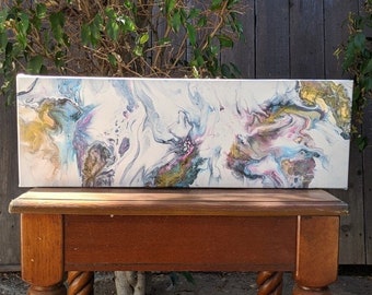 fluid art, acrylic Dutch pour painting, "Rochelle" - 8 x 24 inch gallery wrapped canvas