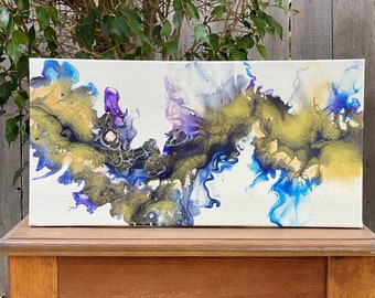 fluid art, acrylic Dutch pour painting, gold, "Wind River" - 10x20 inch canvas
