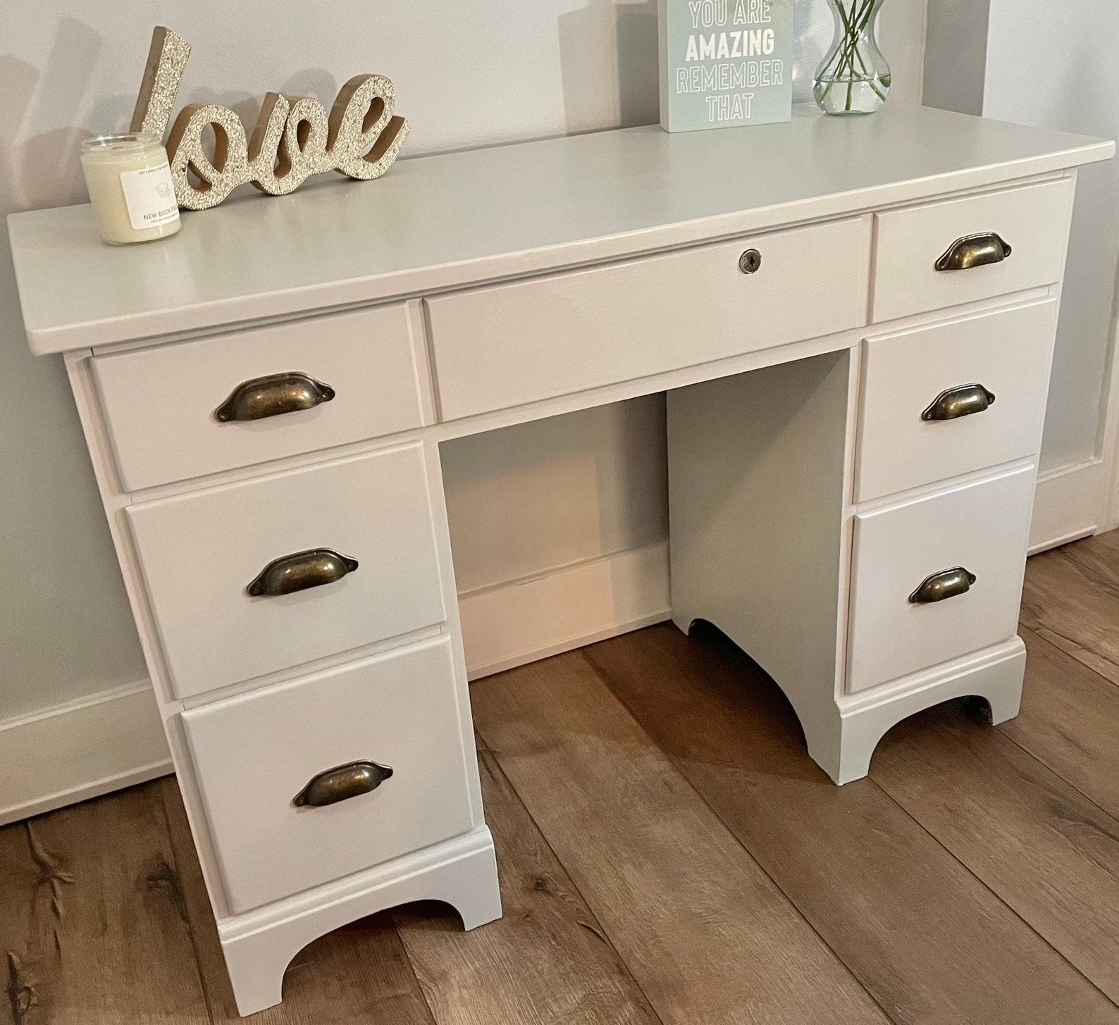 Upcycled refinished real wood white desk with locking top Etsy