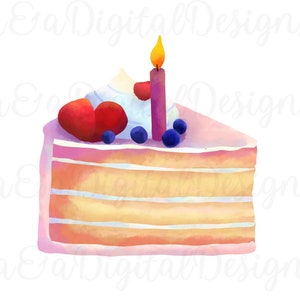 Tranche de gâteau - Téléchargement numérique instantané, PNG, fichiers JPG, dessinés à la main, joyeux anniversaire, dessert, gâteau d'anniversaire, clipart