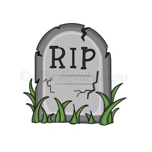 May include: A cartoon illustration of a gray tombstone with the word "RIP" on it. The tombstone is cracked and surrounded by green grass.