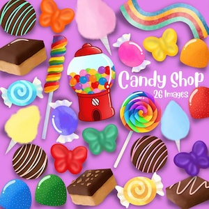 May include: A collection of colorful candy shop items, including lollipops, candy, gum, and chocolate. There is a gumball machine, cotton candy, and a rainbow ribbon. The text "Candy Shop 26 Images" is in the center of the image.