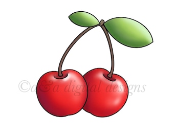 Cherry-Instant digital download, PNG, JPG files, hand drawn, clipart, pair of cherries, fruit clipart