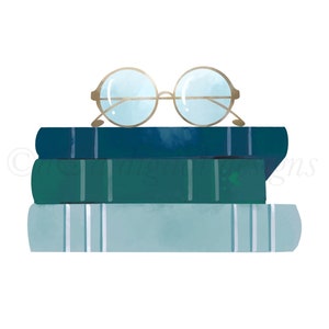 May include: A stack of four blue and green books with a pair of round, gold-rimmed glasses on top.
