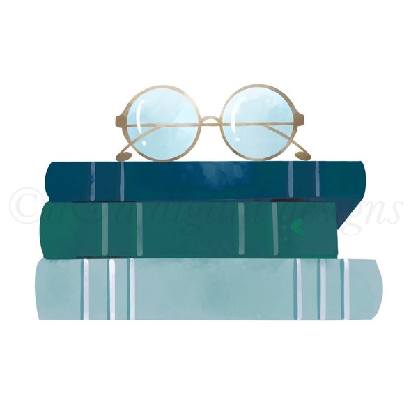 Books with Glasses- Instant digital download, PNG, JPG, hand drawn, clipart, stack of books