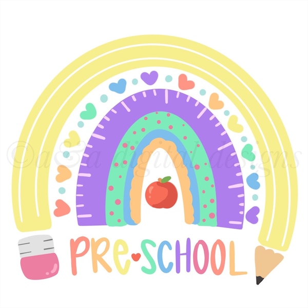 Pre-School Rainbow: Instant digital download, PNG and JPG files, hand drawn, back to school clipart