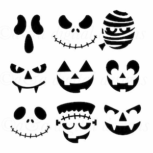 May include: Nine black and white Halloween face stencils. The stencils include a ghost, Frankenstein, mummy, and various jack-o'-lantern faces.