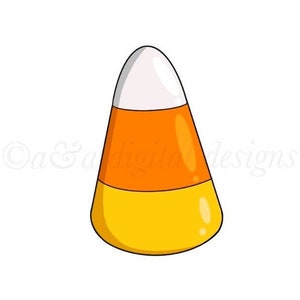 May include: A cartoon illustration of a candy corn piece. The candy corn is a tri-color design with a white top, orange middle, and yellow bottom. The candy corn is a classic Halloween treat.