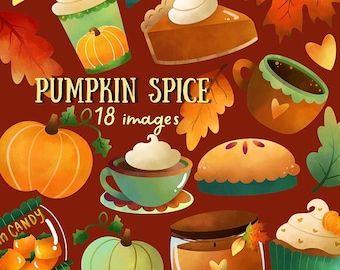 Puede incluir: Una colección de 18 ilustraciones digitales con temas otoñales, que incluyen calabazas, hojas, pastel, café y velas. El texto "Pumpkin Spice" y "18 imágenes" está incluido en la imagen.