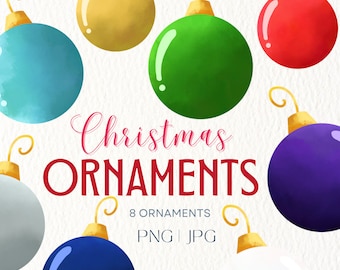 Puede incluir: Ocho adornos navideños de acuarela en varios colores, incluyendo rojo, verde, azul, morado, blanco y dorado. Los adornos están dispuestos en un círculo alrededor del texto "Christmas Ornaments" y "8 Ornaments PNG | JPG".