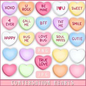 Konversationsherzen - Sofortiger digitaler Download, PNG-, JPG-Dateien, handgezeichnet, Clipart, Valentinstag Clipart, Candy Hearts Clipart