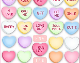 Conversation Hearts- Instant digital download, PNG, JPG files, hand drawn, clipart, Valentine's Day Clipart, Candy Hearts Clipart