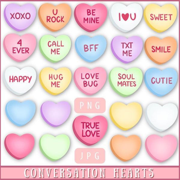 Conversation Hearts- Instant digital download, PNG, JPG files, hand drawn, clipart, Valentine's Day Clipart, Candy Hearts Clipart