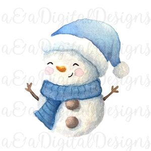 水彩画のかわいい雪だるま - インスタントデジタルダウンロード、PNG、JPG、水彩画、かわいい、雪だるま、青い帽子とスカーフ、冬、手作り、クリップアート
