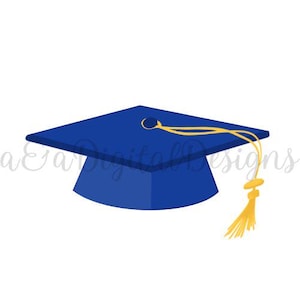 Royal Blue Graduation Cap - Instant digitale download, PNG en JPG, bestanden, handgetekende, clipart, afstuderen