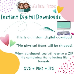 以下が含まれることがあります： コンピューター、キーボード、マウスが描かれた、インスタントデジタルダウンロードのグラフィック。テキストには、「インスタントデジタルダウンロード」と「これはインスタントデジタルダウンロードです。**物理的なアイテムは発送されません！購入すると、次のファイル形式を含むZIPファイルを受け取ります。SVG PNG JPG」と記載されています。
