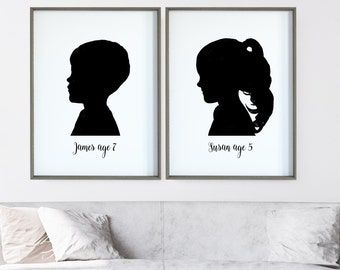 Custom Silhouette Portraits | Silhouette Wall Art | Hand drawn Individua Portrait | Child Silhouette | Mother’s Day | Wall Art