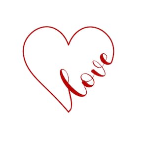 Può includere: Un contorno di cuore rosso con la parola "love" scritta all'interno.