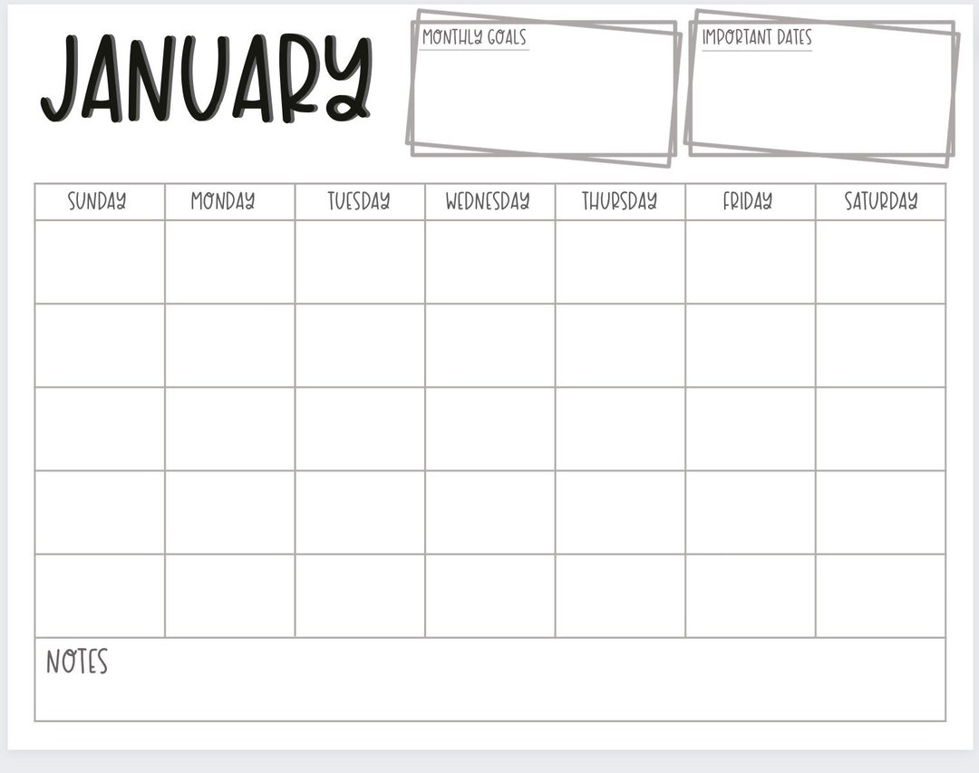 Printable Simple Monthly Calendar| Undated| 11 X 8.5 Inches | Simple ...