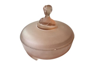 Vintage Frosted Pink Satin Glass Trinket Candy Vanity Dish Powder Box