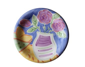 SALUTE CERAMICS Platos llanos de 25 cm con diseño de macetas de flores coloridas pintadas a mano - Juego de 2