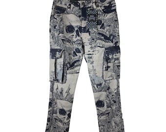 REBEL VENGEANCE Skull Print Tapestry Cargo Jacquard Fringe Sides SZ 28x30.5 New