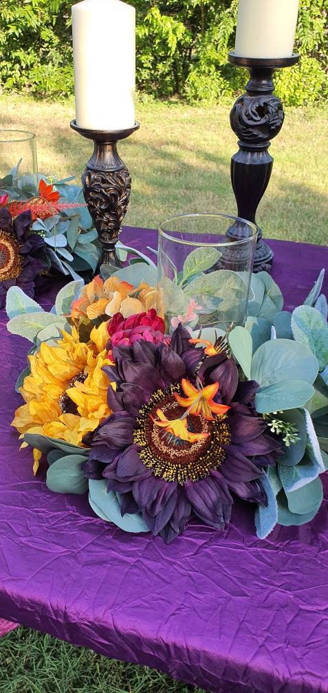 Purple Sunflower table wreath Purple Wedding Centerpieces Plum Sunflower table decor