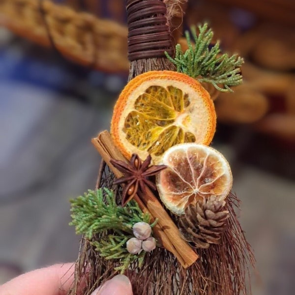 Witch Besum, Mini Cinnamon Scented Broom with Dried Citrus, Witch Broom Altar Decor, Holiday Ornament, Protection Broom, Pagan Decor, Yule