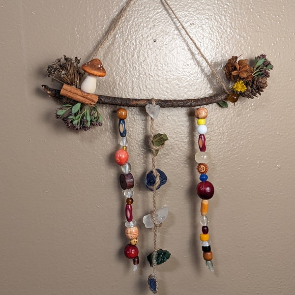 Beaded Cottagecore Boho Suncatcher Seaglass with Dried Flowers and Herbs Mushroom Natural Whimsical Fairy Wall Hanging