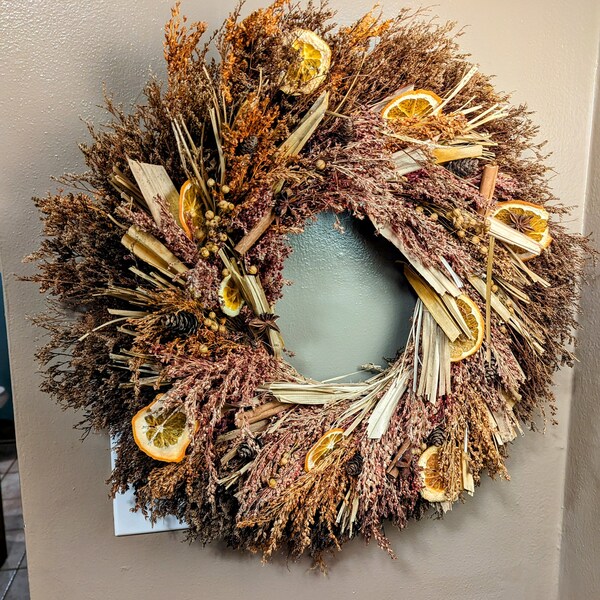 Dried Orange Rustic Primitive Holiday Autumn Christmas Handmade Wreath, Handmade Wreath, Pinecones Oranges Anise Cinnamon,Witchy Wreath