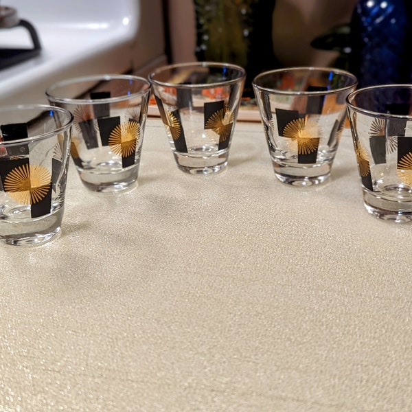 Mid Century Modern Atomic Starburst Black and Gold Double Shot Glasses Set of 5 MCM Bar Glasses Vintage Cordial Set Retro Barware MCM