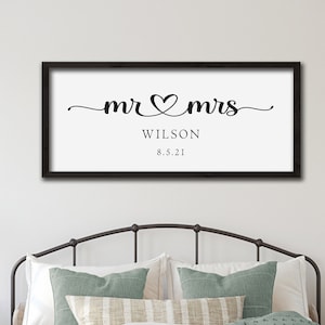 Custom Mr & Mrs Sign with Last Name for His and Hers Wood  Sign, Newlywed Marriage Est Date Gifts, Master Bedroom Above Bed Decor