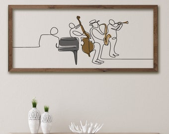 One Line Drawing of Jazz Player Music Group | Minimalist Jazz Lover Design | Modern Farmhouse Style | Wood Jazz Artwork