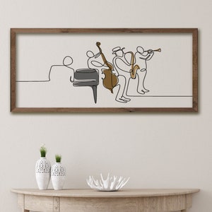 Desenho de uma linha de grupo musical de tocadores de jazz | Design minimalista para amantes do jazz | Estilo de casa de fazenda moderno | Arte de jazz em madeira