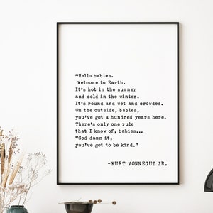 Hallo baby's, welkom op aarde, Kurt Vonnegut-citaat wanddecoratie, klassiek boekcitaat, cadeau boekenliefhebber, Kurt Vonnegut Jr.-bord
