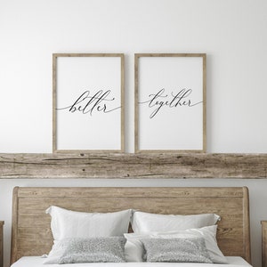 Placa Better Together, conjunto de 2 impressões, arte de parede de casa de fazenda | Impressão de citação Better Together em preto e branco | Decoração de quarto de casal